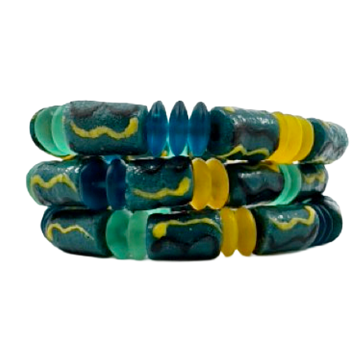Three stacked glass beaded bracelets with a marbled teal, blue, and yellow pattern, isolated on a white background.