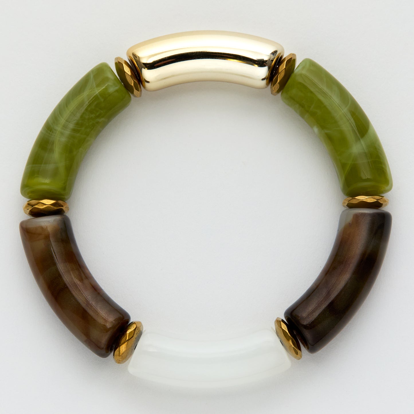 Bracelet with green, brown, and gold elements on a white background