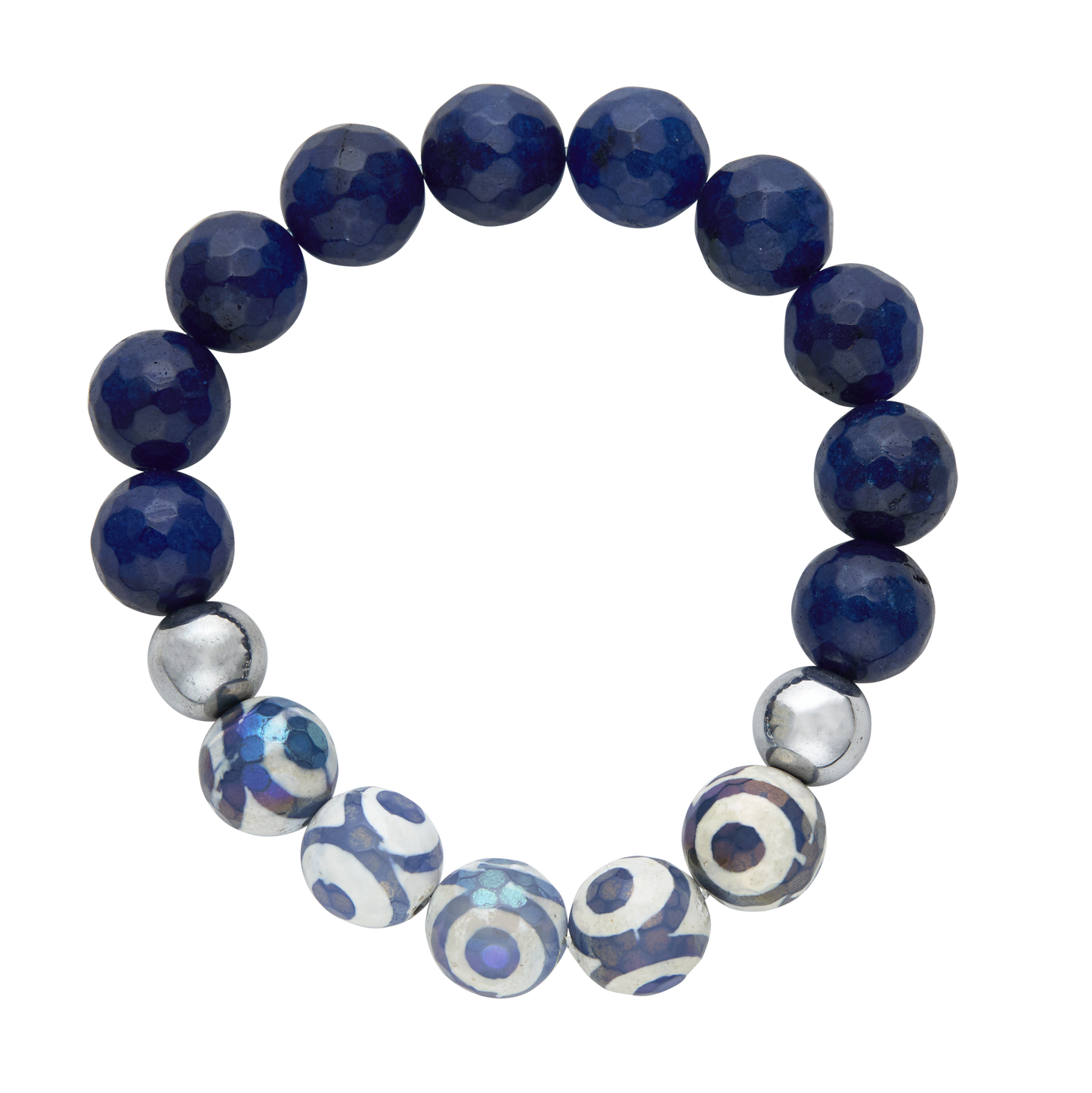Bracelet with blue beads and silver and white patterned beads on a white background