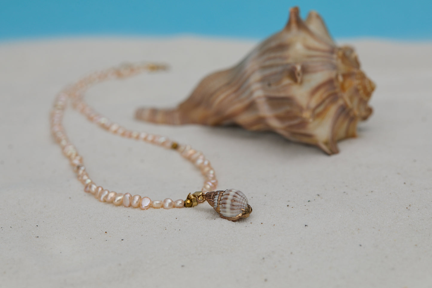 Shell necklace with a shell pendant on a sandy surface with a blue background