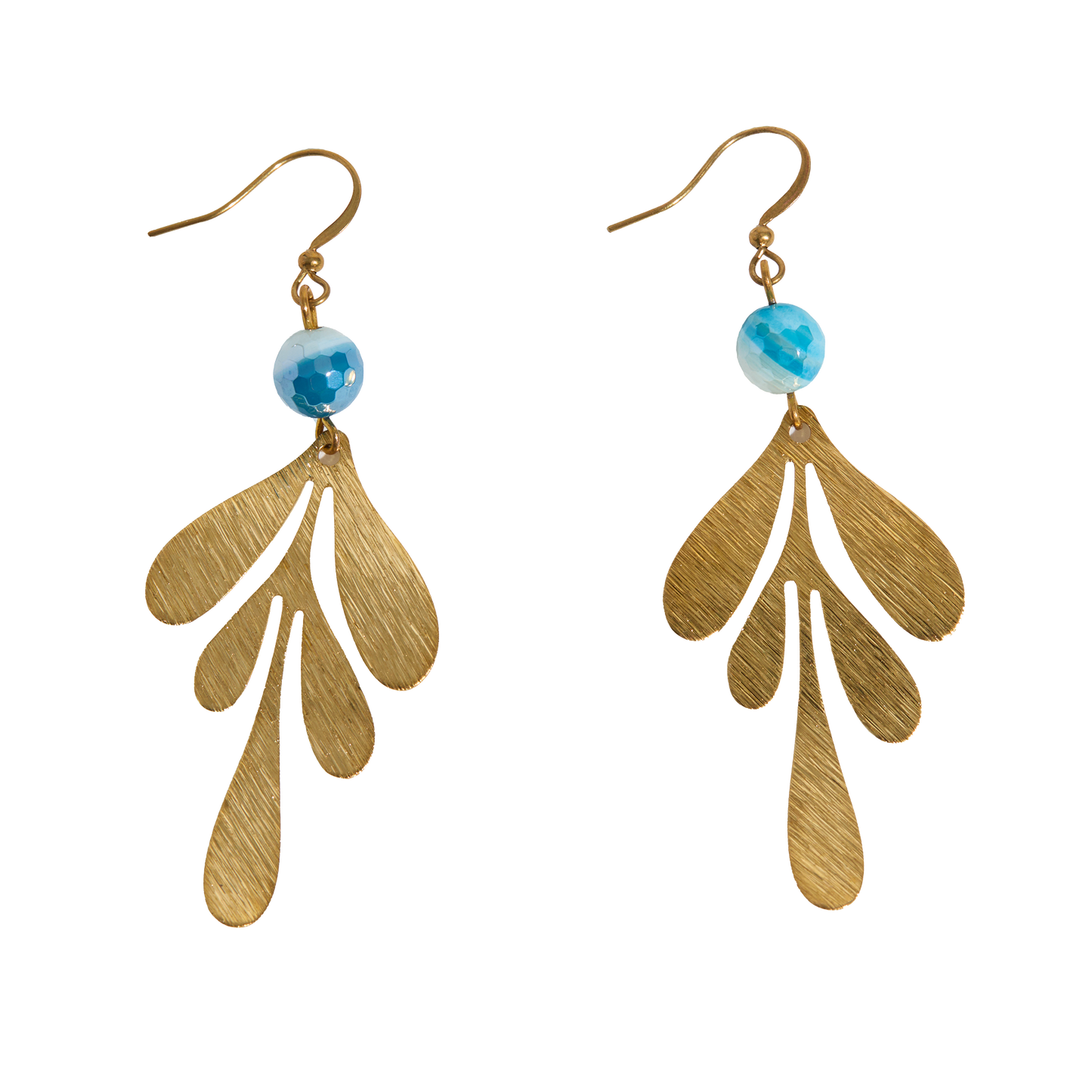 Brass leaf-shaped earrings with blue beads on a white background