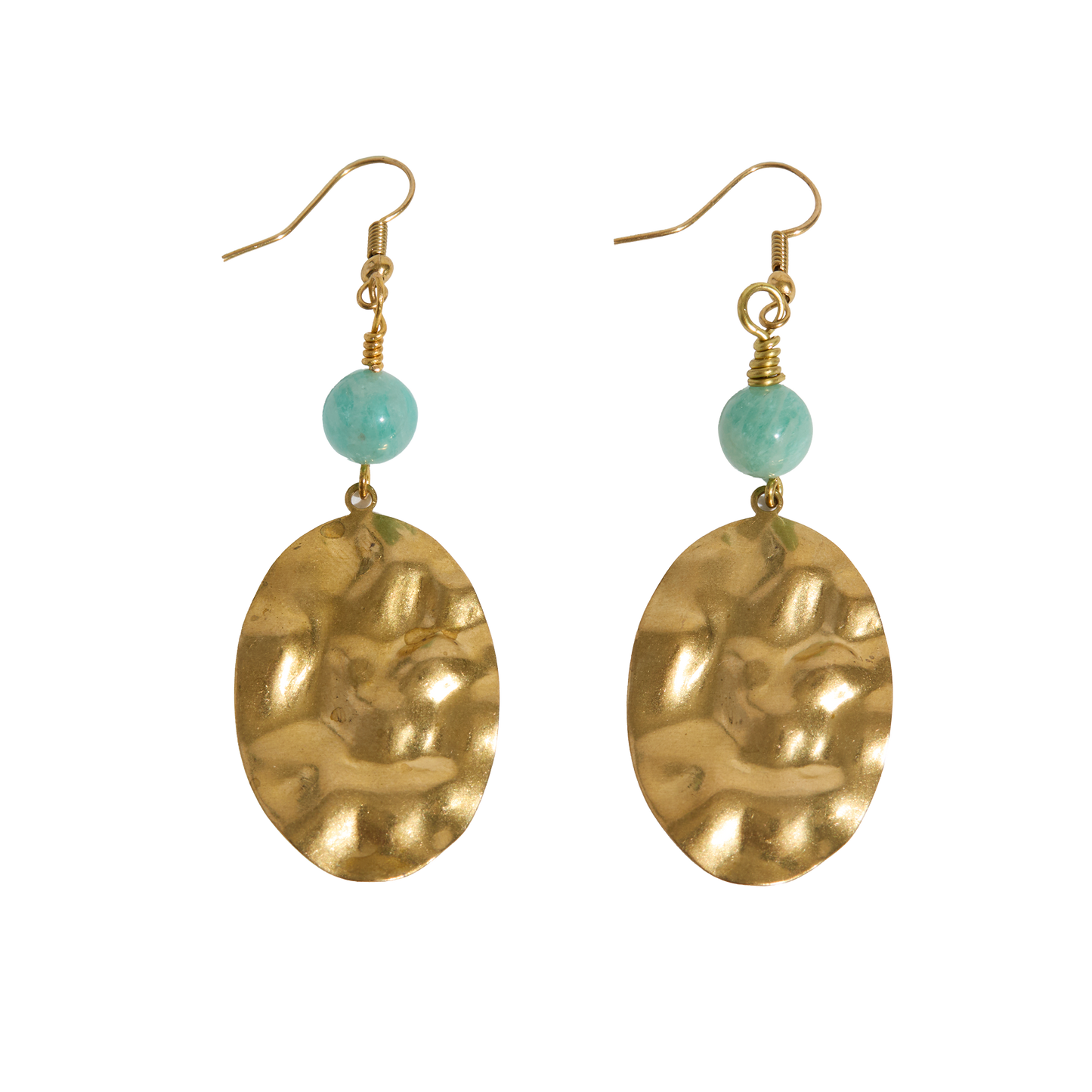 Brass earrings with amazonite beads on a white background