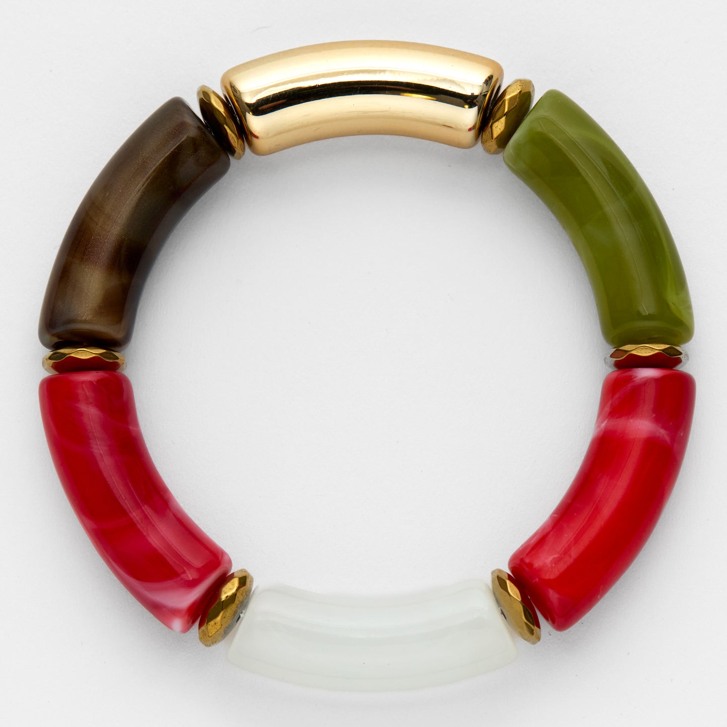 Colorful bracelet with gold accents on a white background