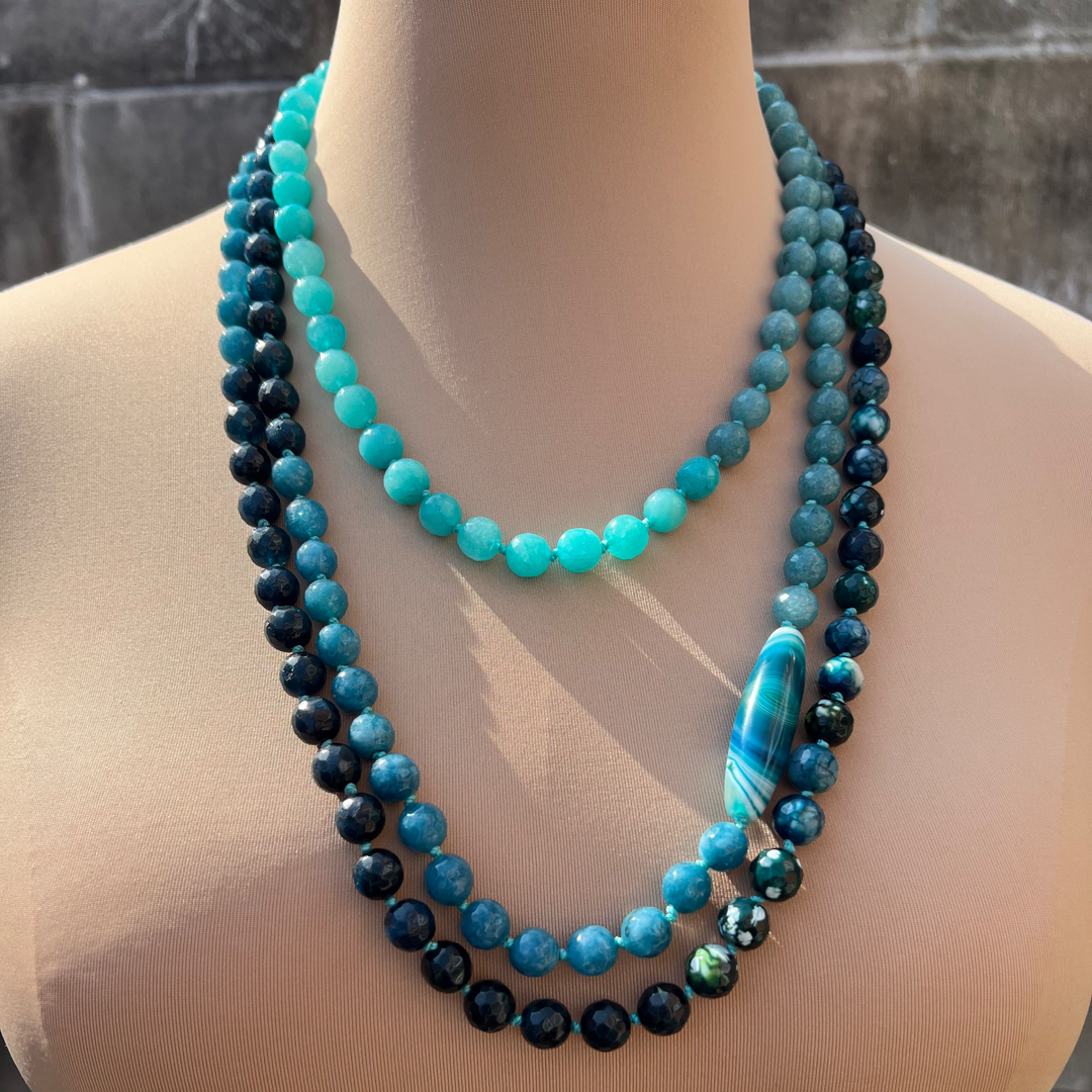 hand-knotted, triple wrap blue ombre bead necklace 