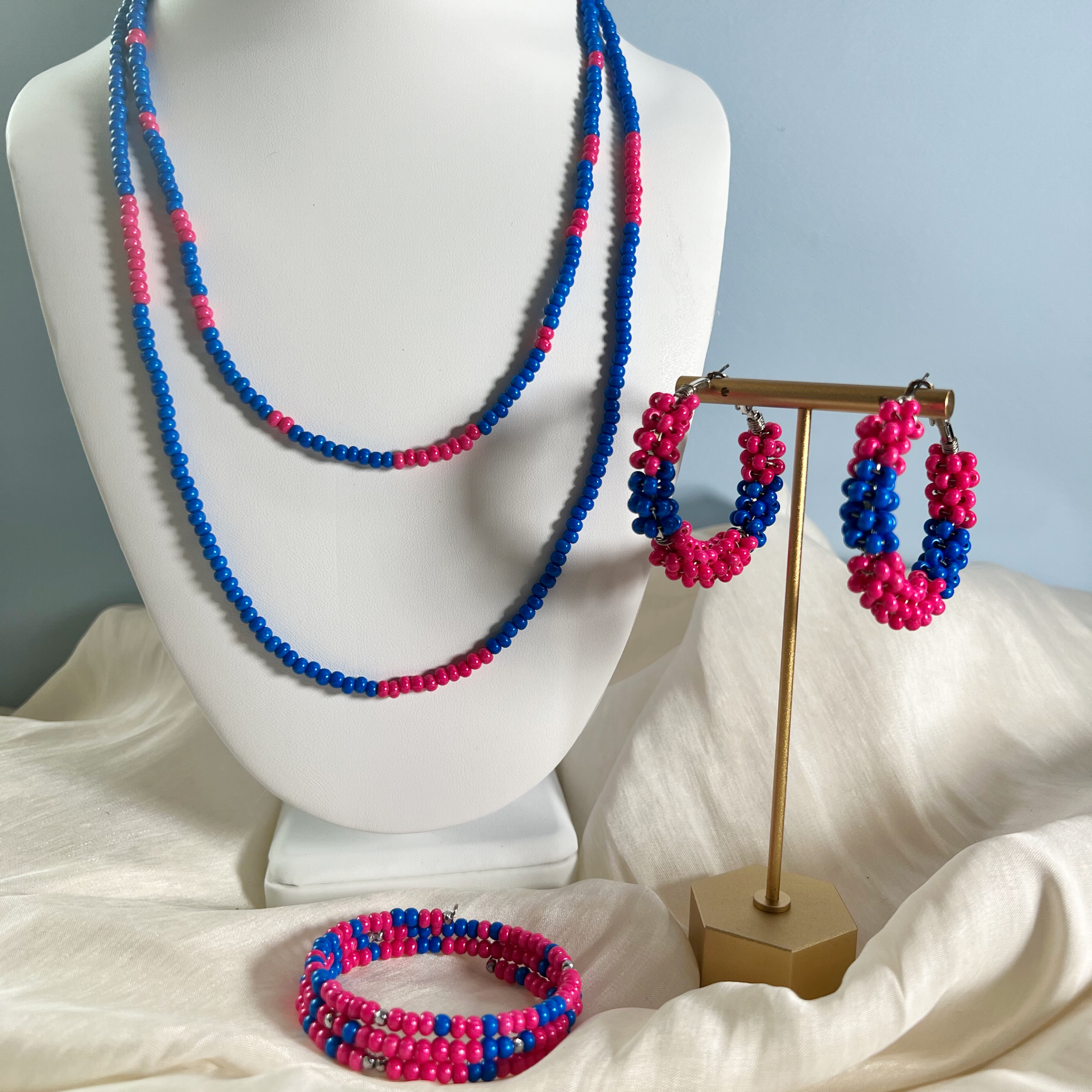hot pink and royal blue seed bead jewelry set (hoops, wrap bracelet, necklace)