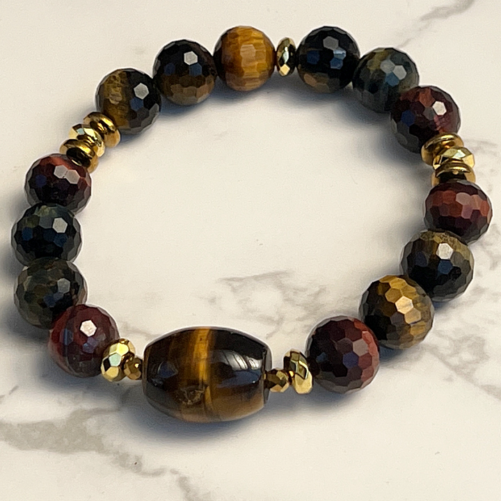 10mm Faceted Round Multicolored Tiger Eye w/ Small Barrel Focal