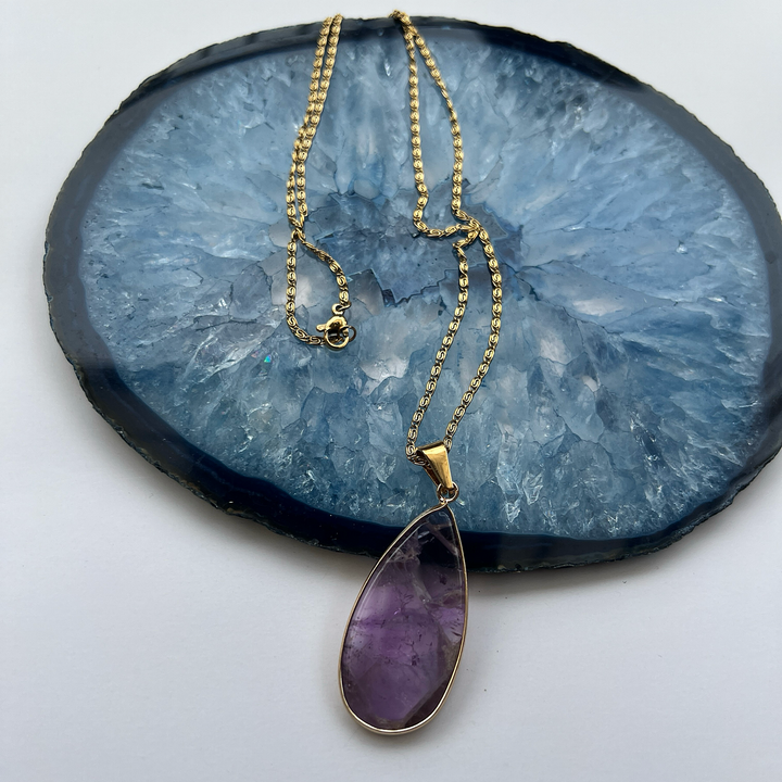 Long Amethyst Teardrop Gold Plated Pendant Necklace