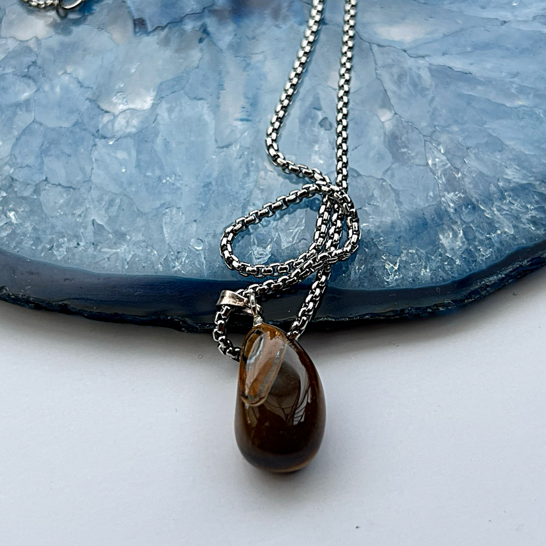 Tiger Eye Nugget Stainless Steel Pendant Necklace