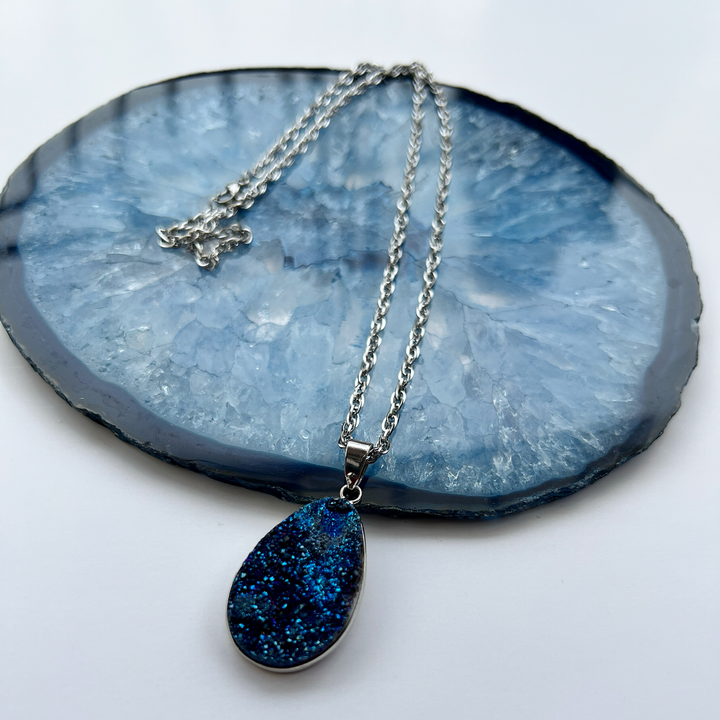 Blue Rainbow Druzy Agate Stainless Steel Pendant Necklace
