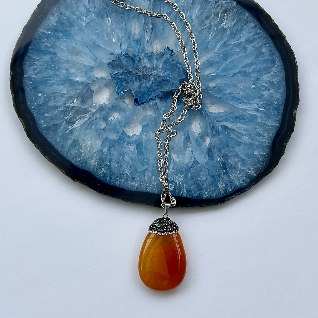 Orange Agate Stainless Steel Pendant Necklace