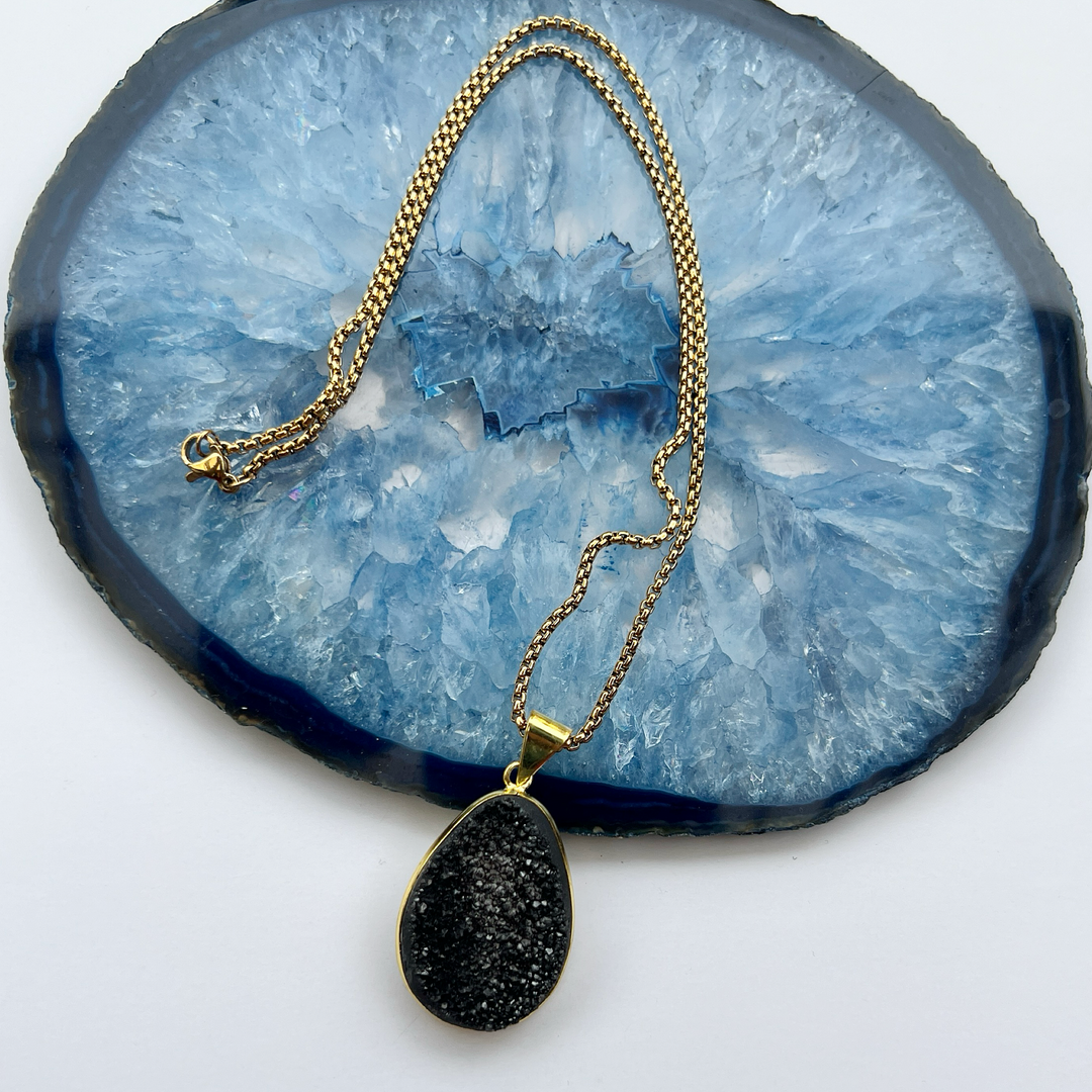 Black Druzy Agate Gold Plated Pendant Necklace
