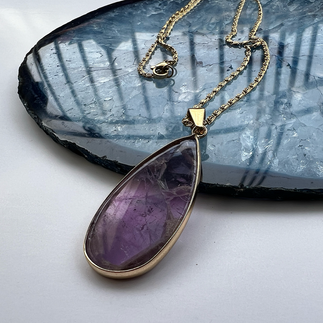 Long Amethyst Teardrop Gold Plated Pendant Necklace