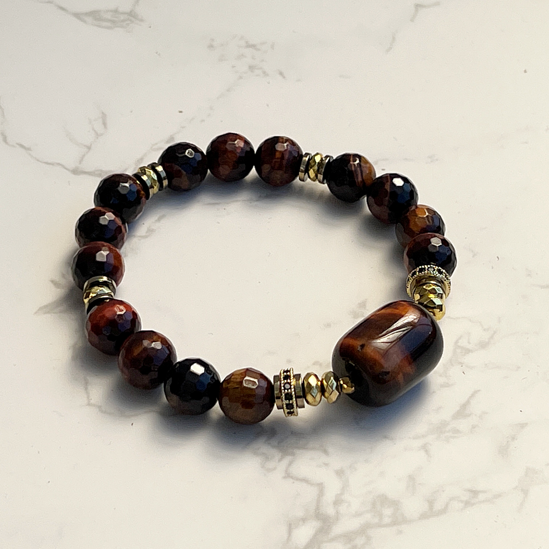 10mm Faceted Round Red Tiger Eye w/ Barrel Focal