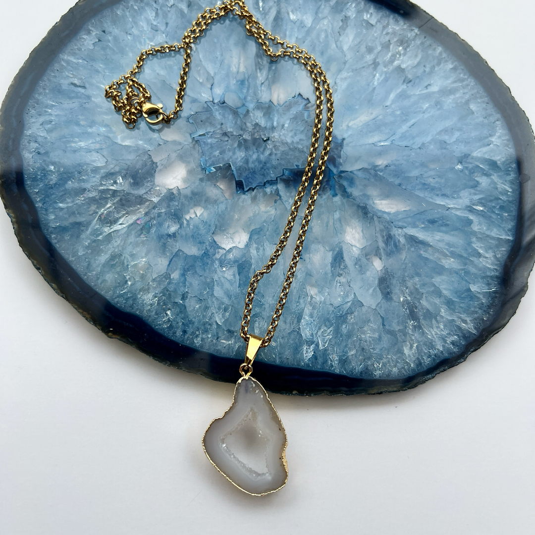 Clear Agate with Druzy Gold Plated Pendant Necklace