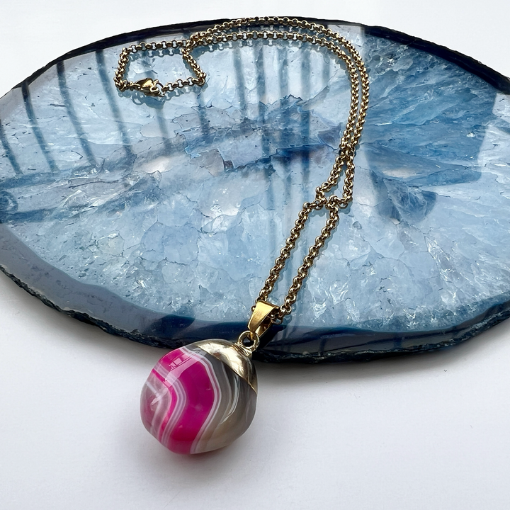 Pink Banded Agate Gold Plated Pendant Necklace