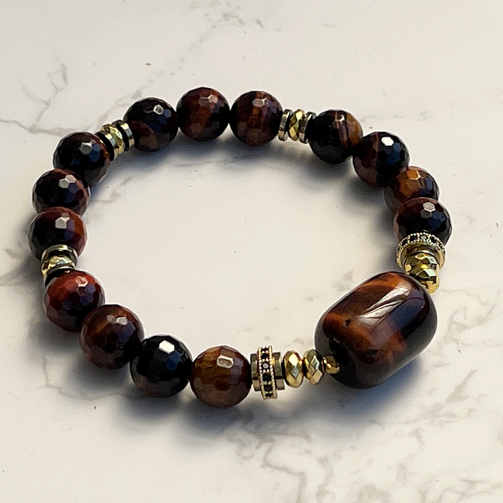 10mm Faceted Round Red Tiger Eye w/ Barrel Focal