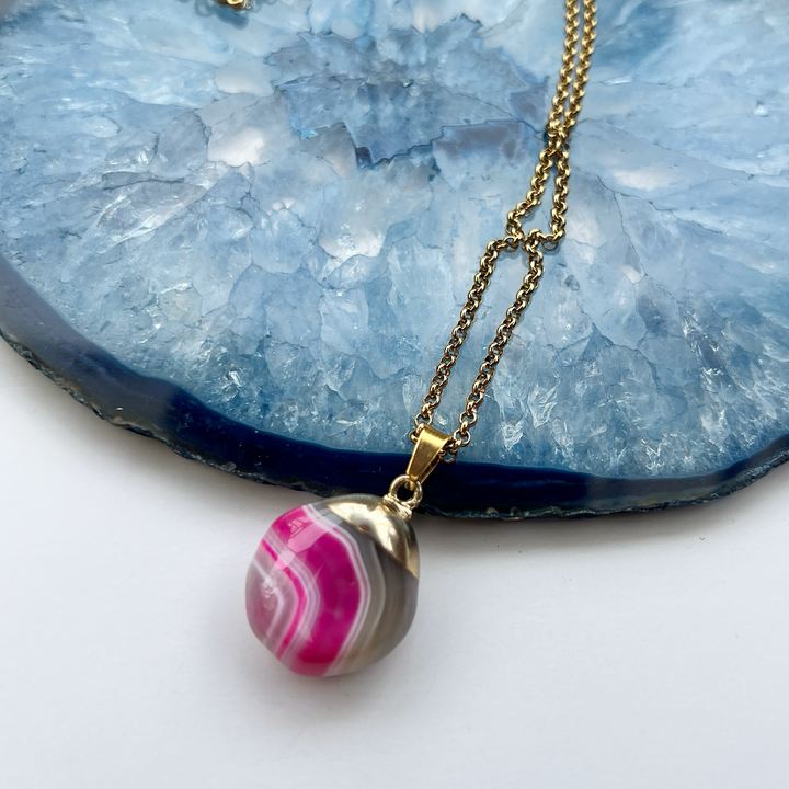 Pink Banded Agate Gold Plated Pendant Necklace