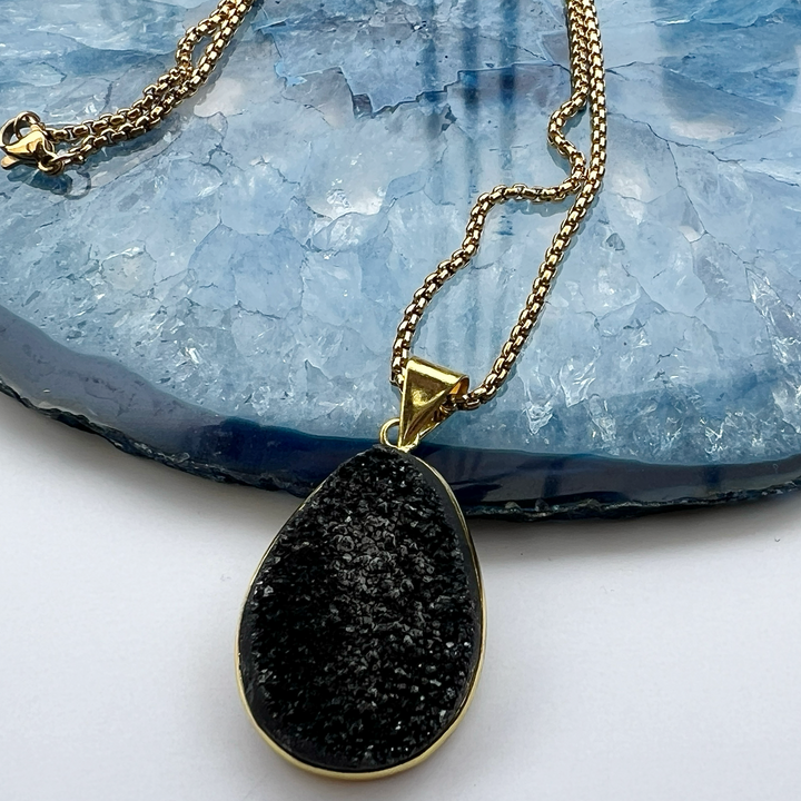 Black Druzy Agate Gold Plated Pendant Necklace