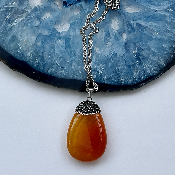 Orange Agate Stainless Steel Pendant Necklace