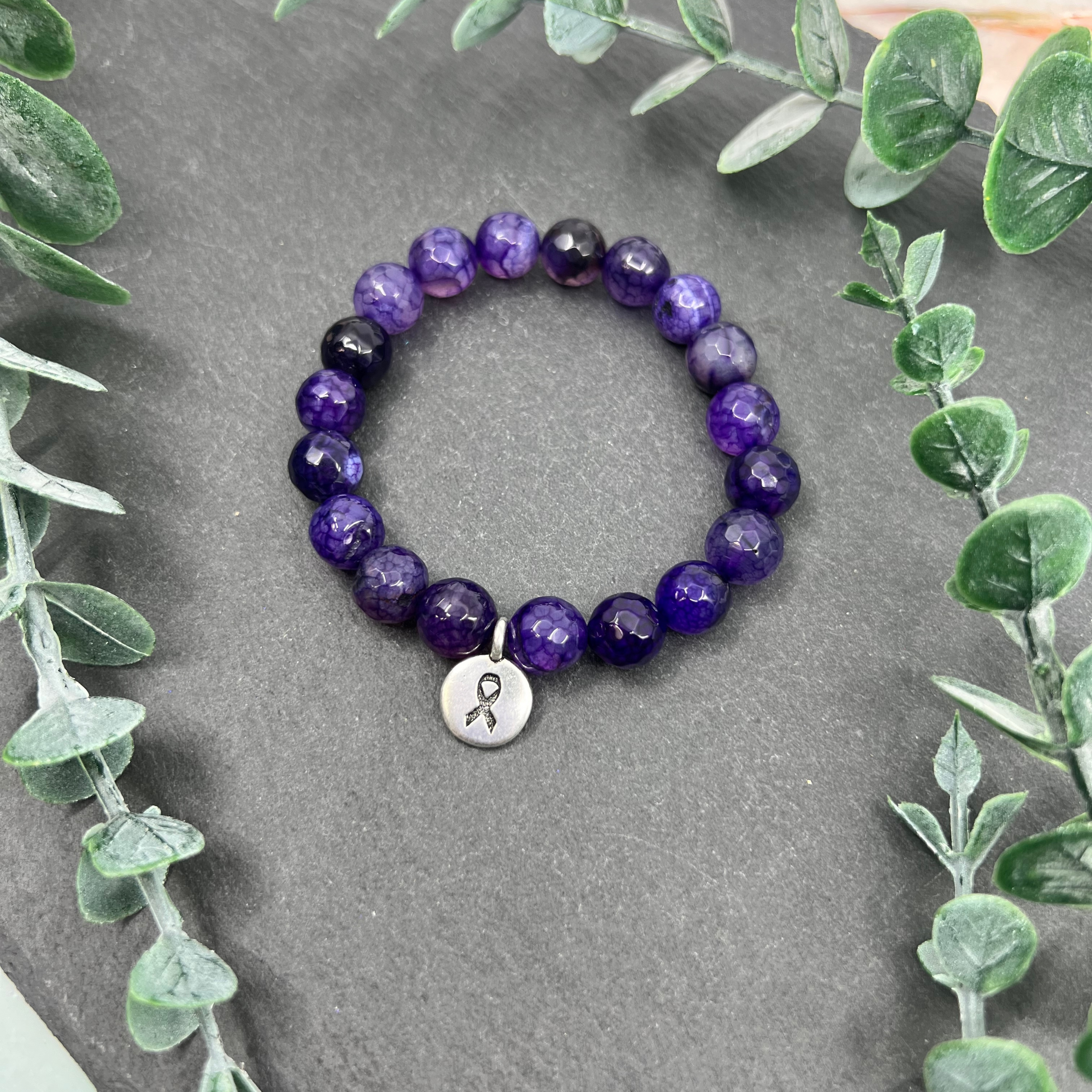 purple agate bead bracelet with ribbon charm