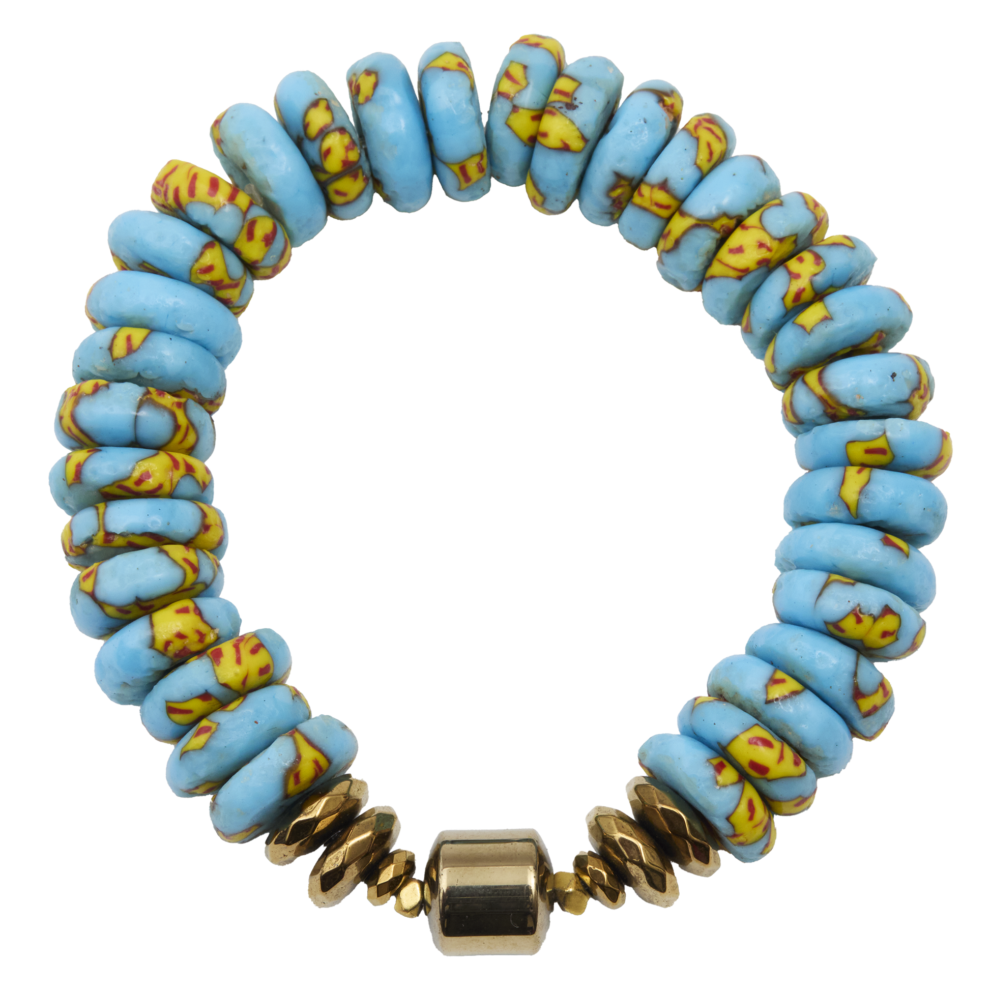 Bracelet with blue beads and gold accents on a white background