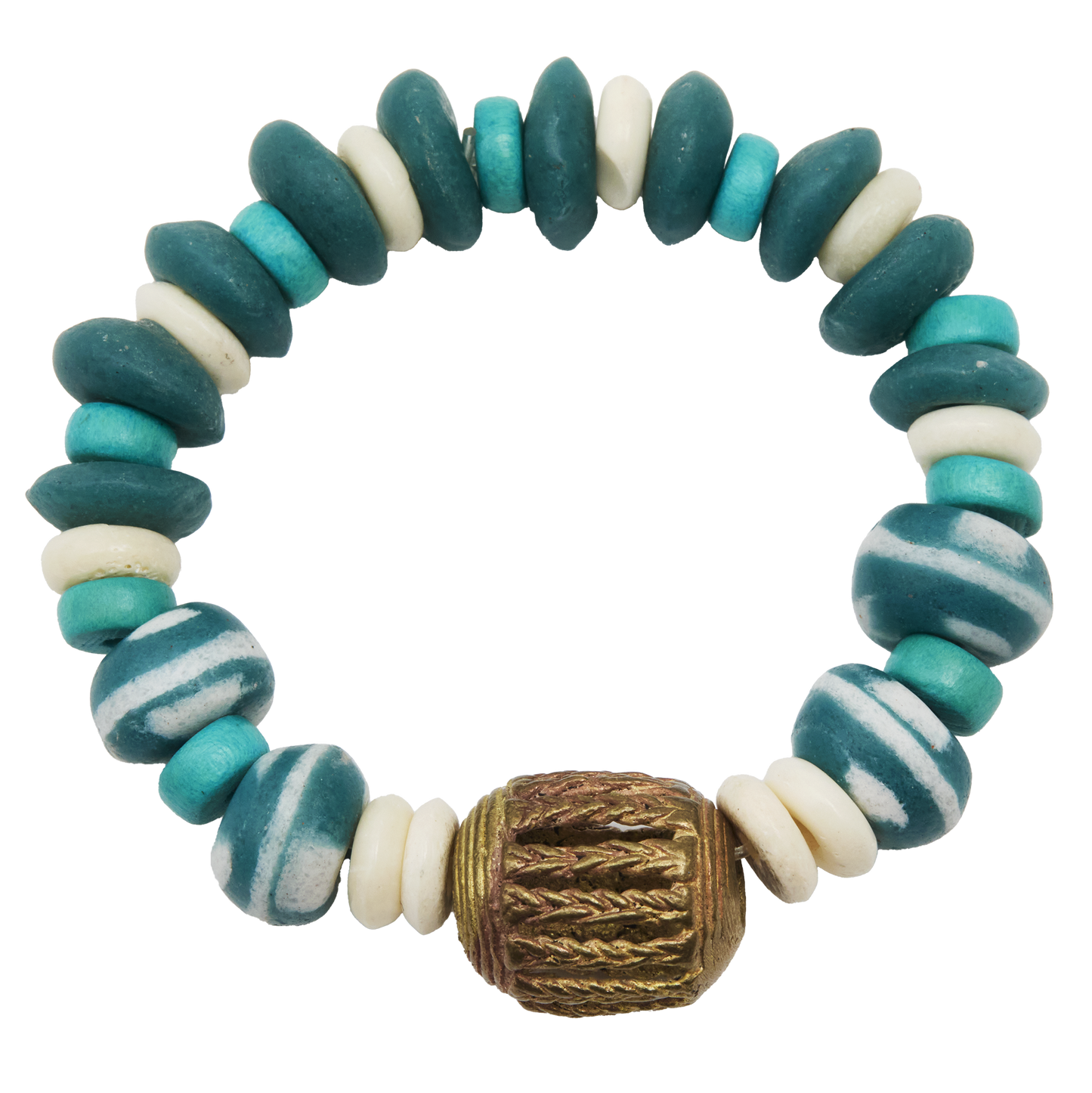 Bracelet with blue, white, and gold beads on a white background