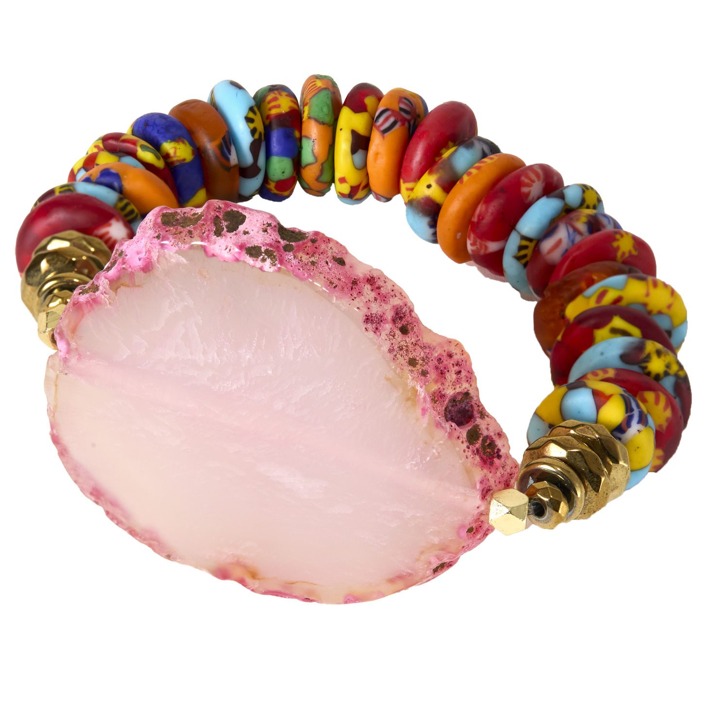 Colorful beaded bracelet with a pink stone on a white background