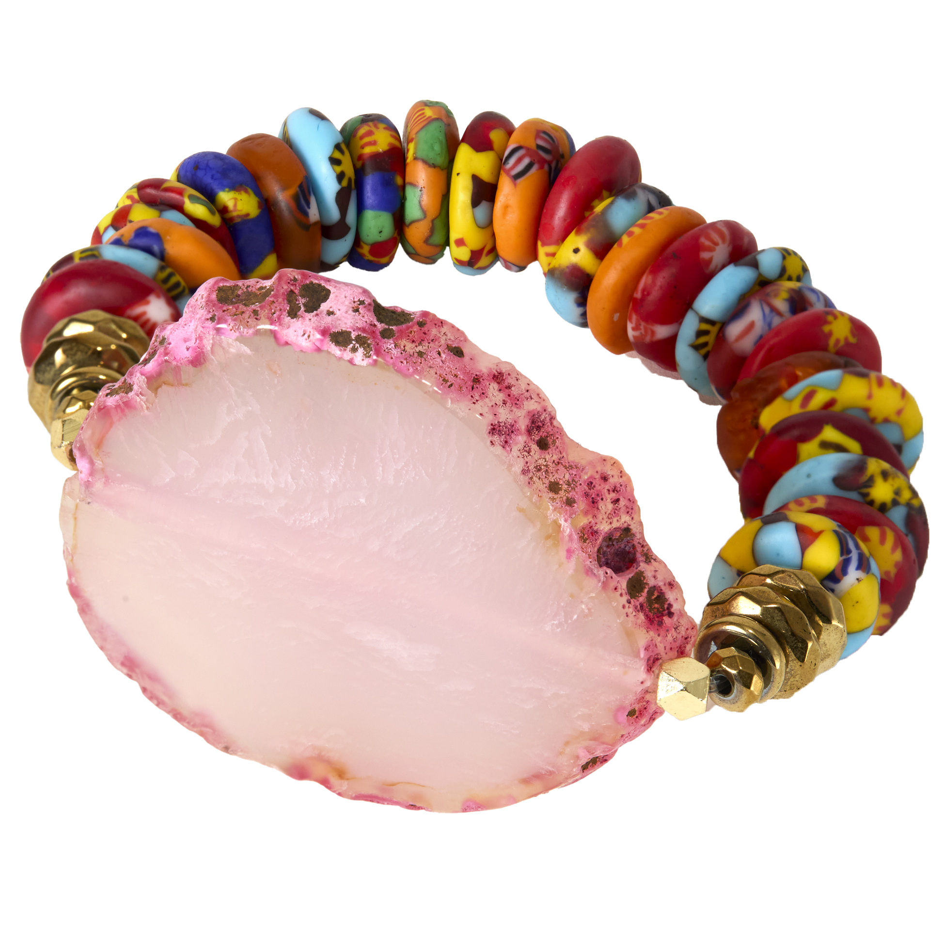 Colorful beaded bracelet with a pink stone on a white background