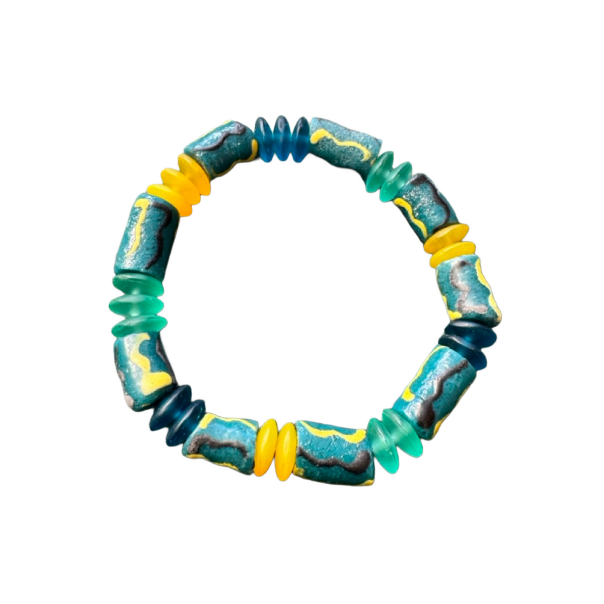 A beaded stretch bracelet featuring painted turquoise, dark blue, and yellow-green beads, accented with bright yellow and translucent teal spacers, shown on a plain white background.
