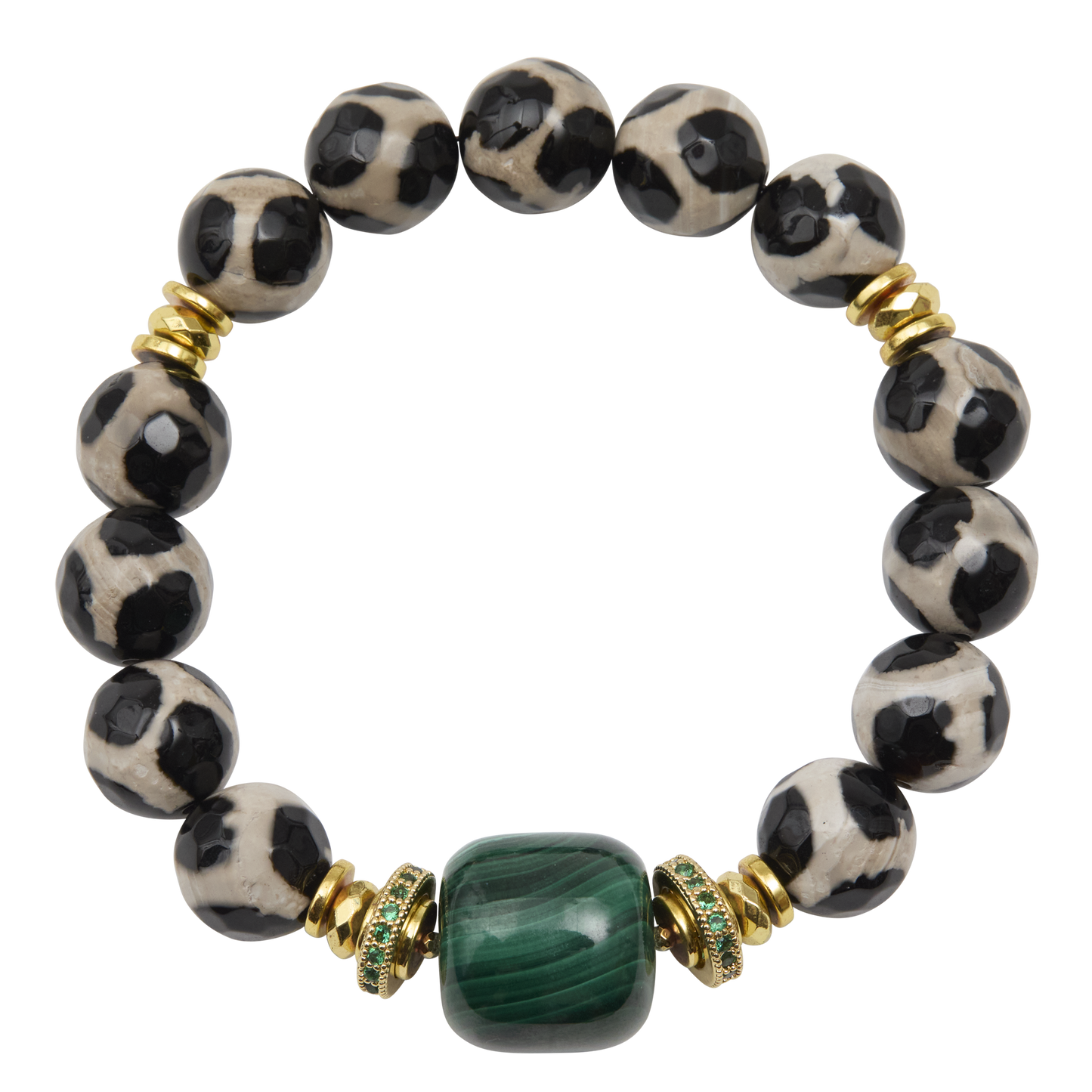 Bracelet with black and white patterned beads and a green gemstone on a white background