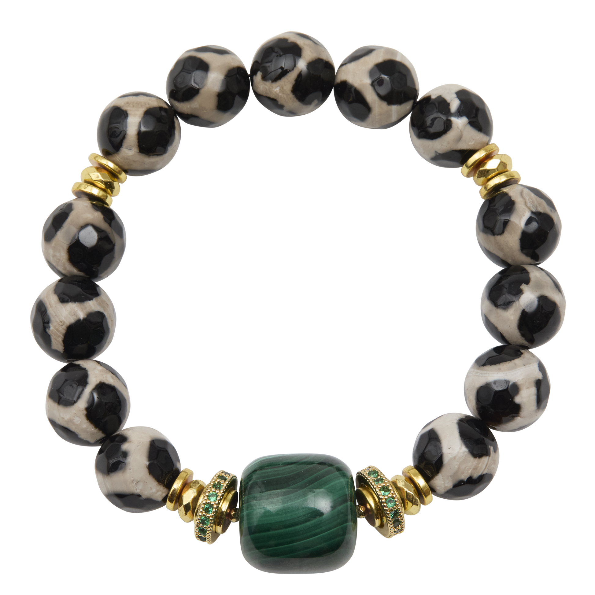 Bracelet with black and white patterned beads and a green gemstone on a white background