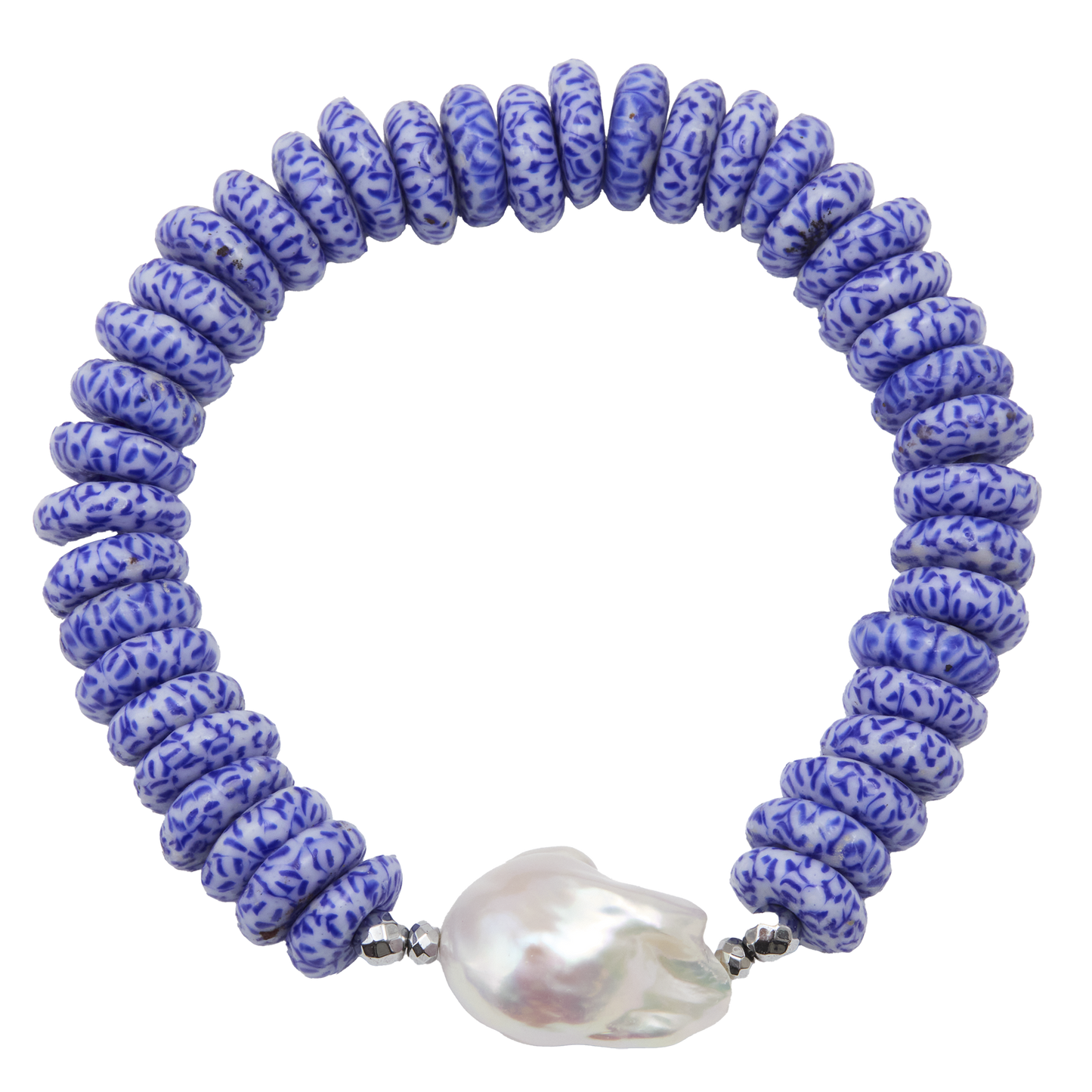 Blue beaded bracelet with a large white pearl on a white background