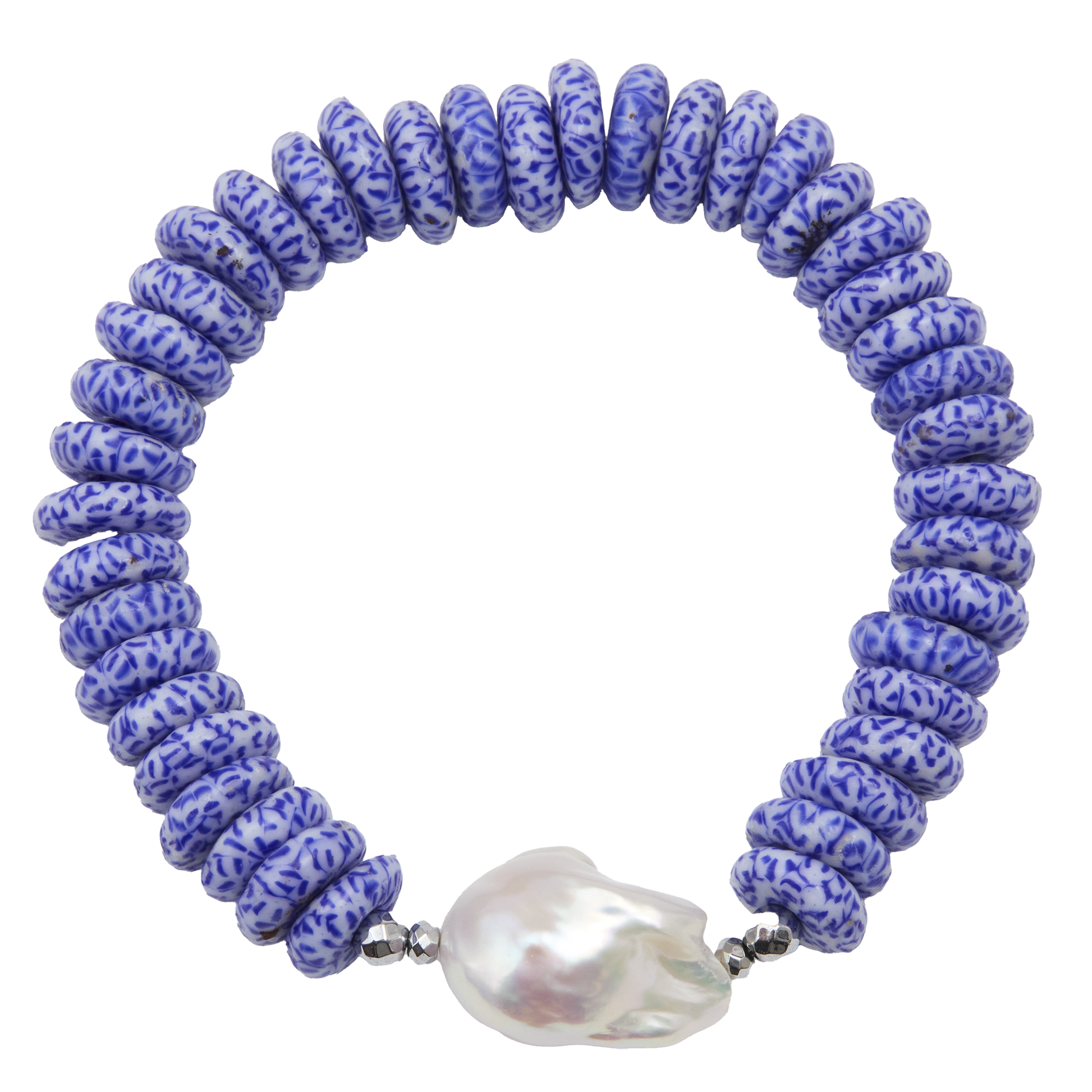 Blue beaded bracelet with a large white pearl on a white background