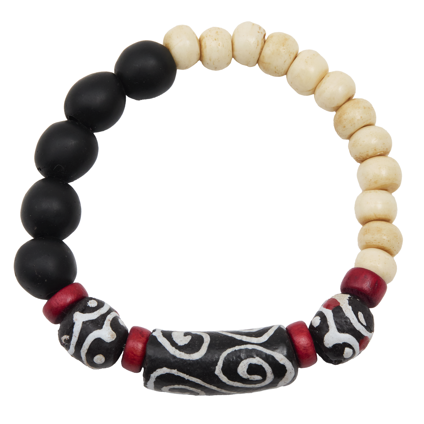Bracelet with black, white, and red beads on a white background