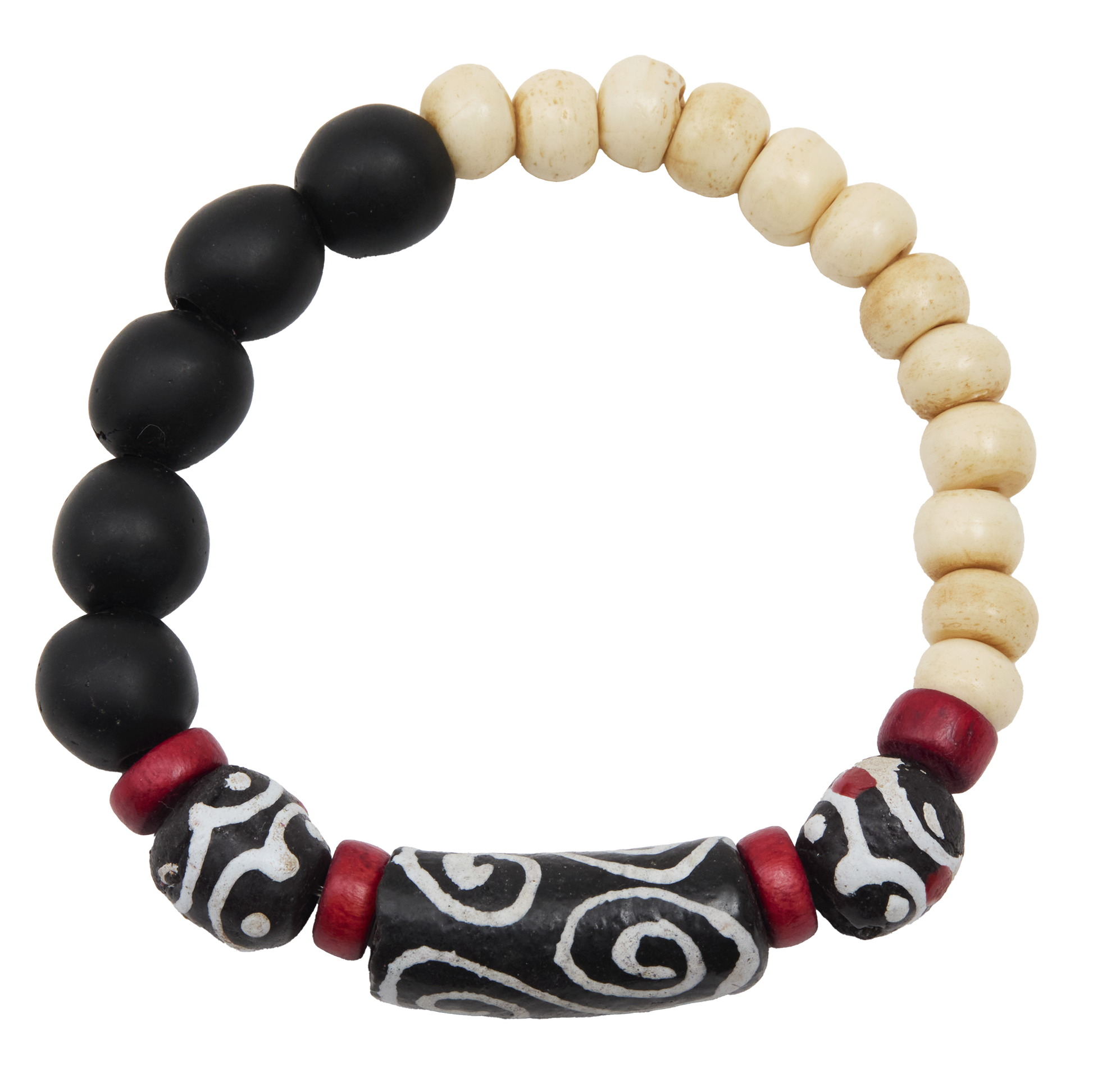 Bracelet with black, white, and red beads on a white background