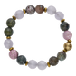 Multicolored beaded bracelet with gold accents on a white background
