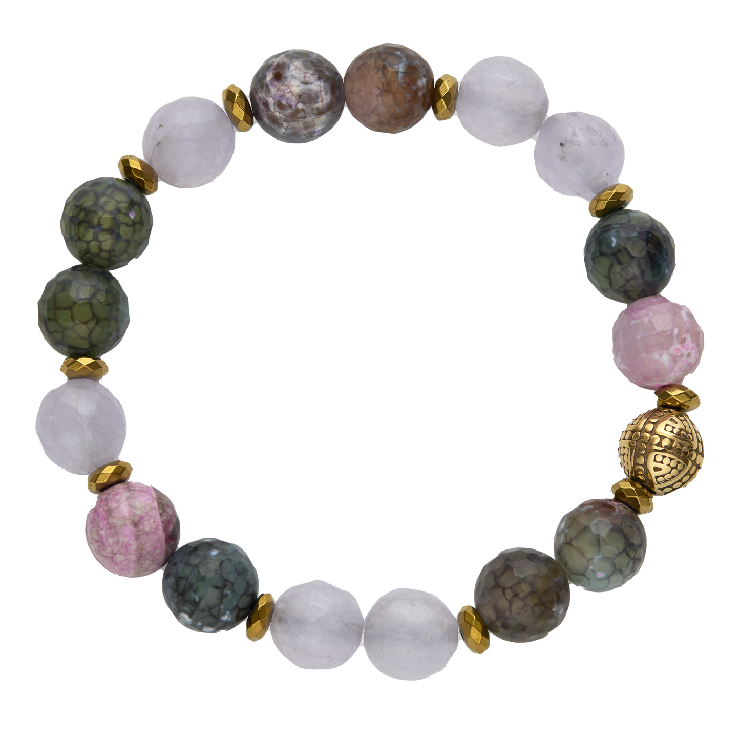 Multicolored beaded bracelet with gold accents on a white background