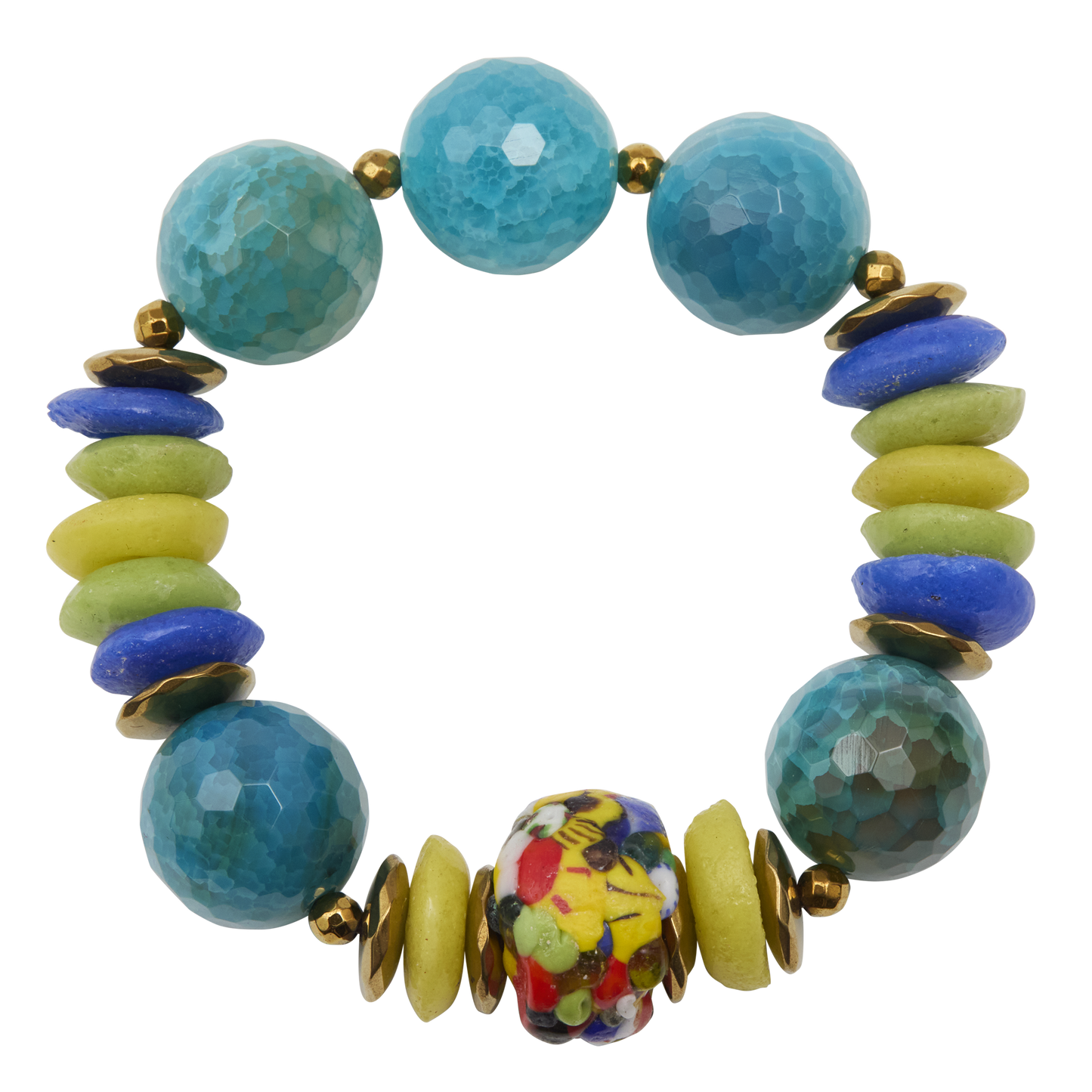 Colorful beaded bracelet with blue, green, and multicolored beads on a white background