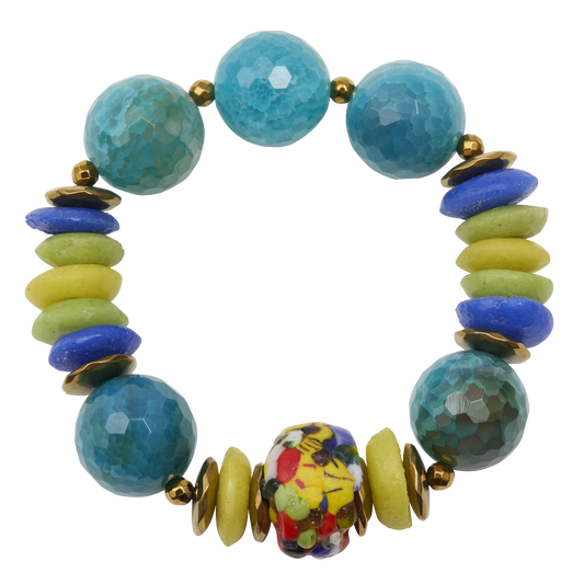 Colorful beaded bracelet with blue, green, and multicolored beads on a white background