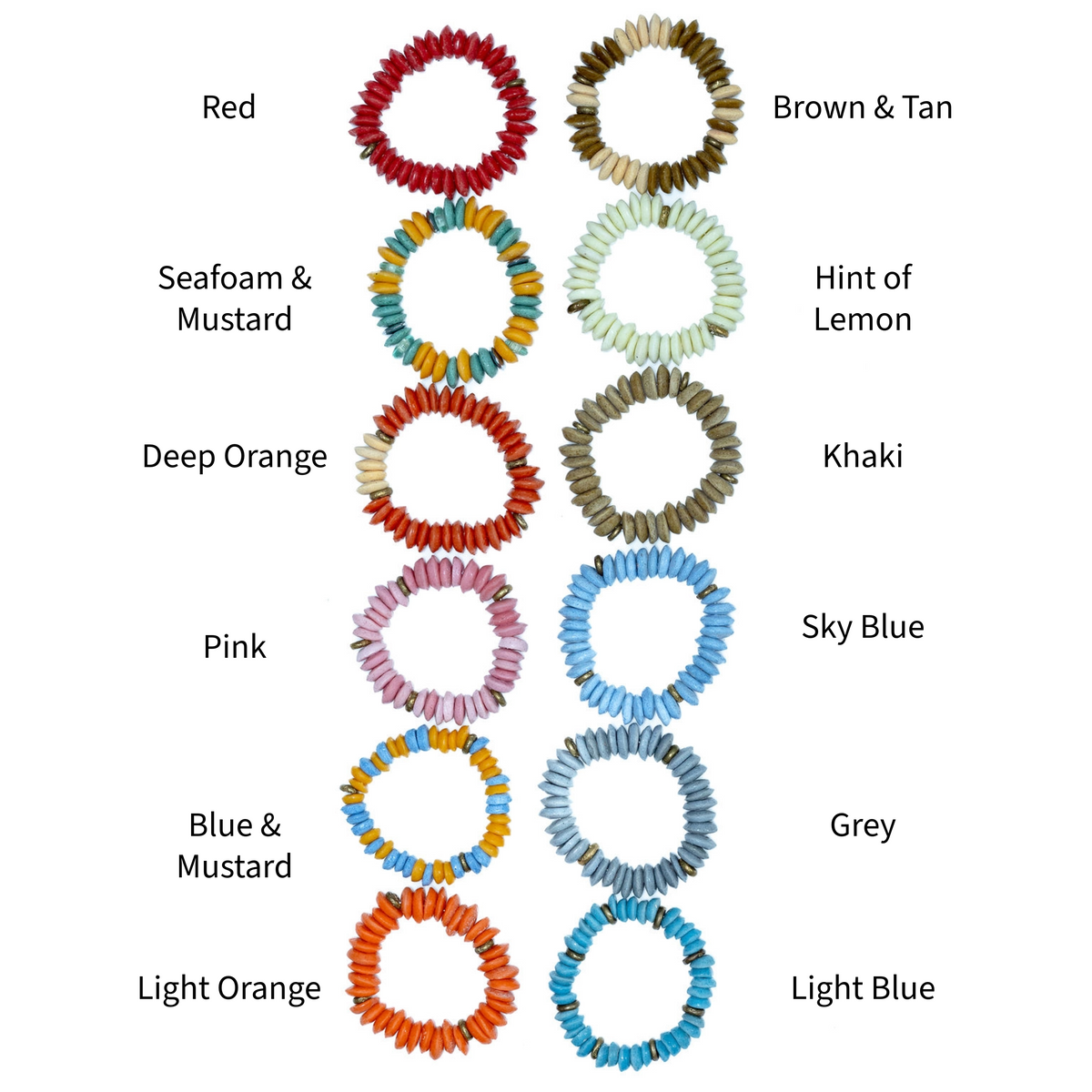 A color-options chart showing multiple Ashanti bead bracelets arranged in columns with text labels such as Red, Brown & Tan, Seafoam & Mustard, Hint of Lemon, Khaki, Sky Blue, Pink, Blue & Mustard, Grey, Light Orange, and Light Blue on a white background.