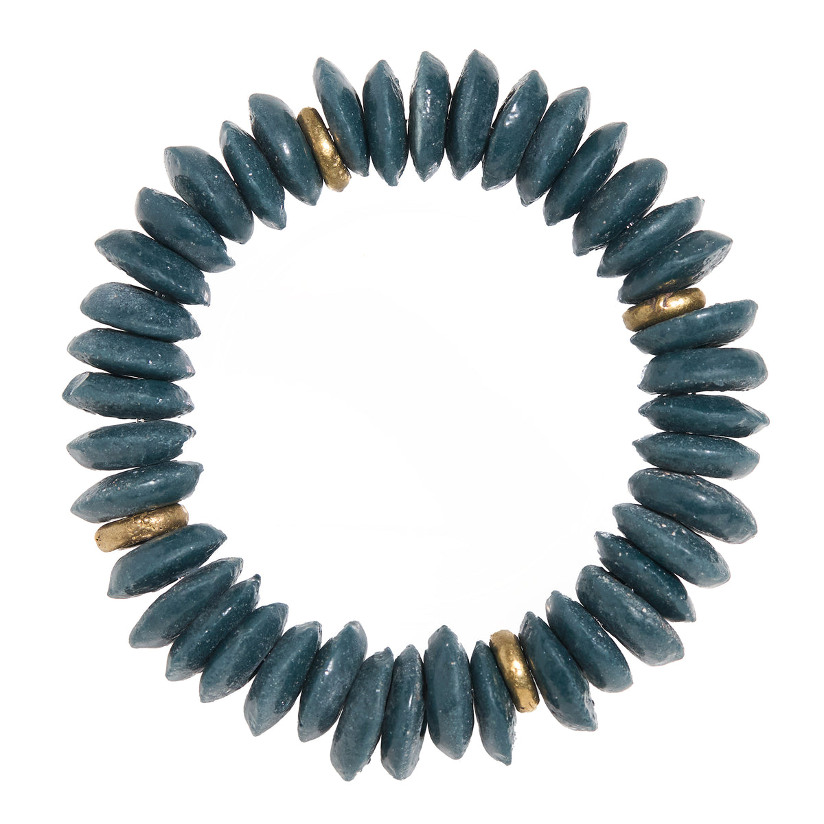 A beaded stretch bracelet made of dark teal-blue Ashanti beads separated by small brass beads, shown on a plain white background.