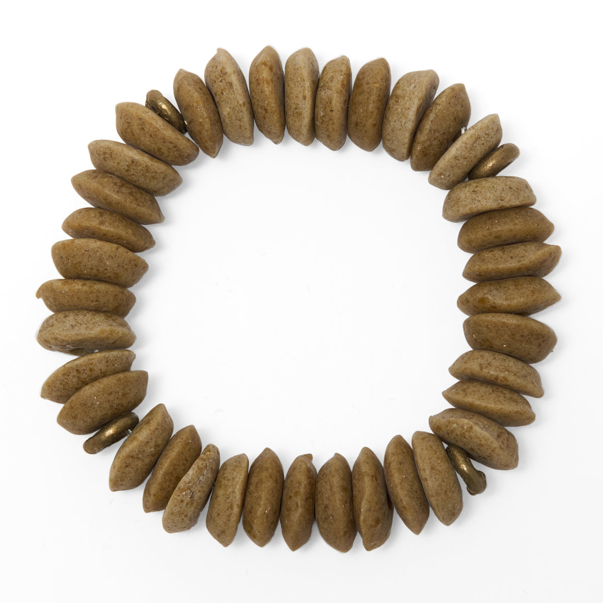 A beaded stretch bracelet made of brown Ashanti beads, arranged in a circular shape on a plain white background.