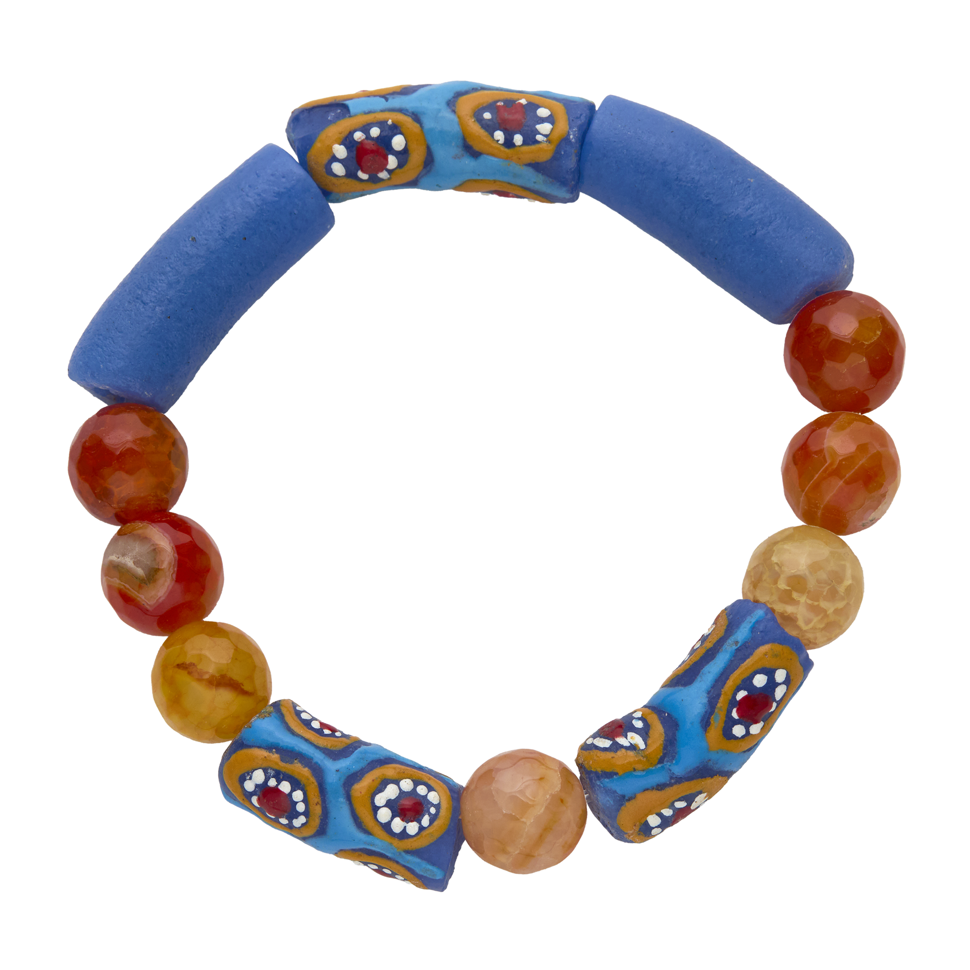 Colorful beaded bracelet with blue fabric clasps on a white background