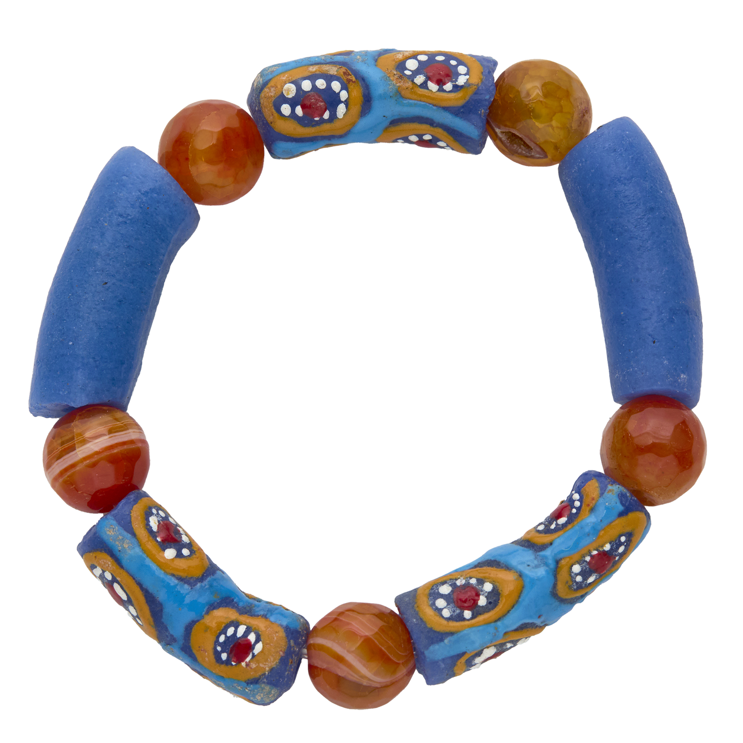 Colorful beaded bracelet with blue and orange beads on a white background