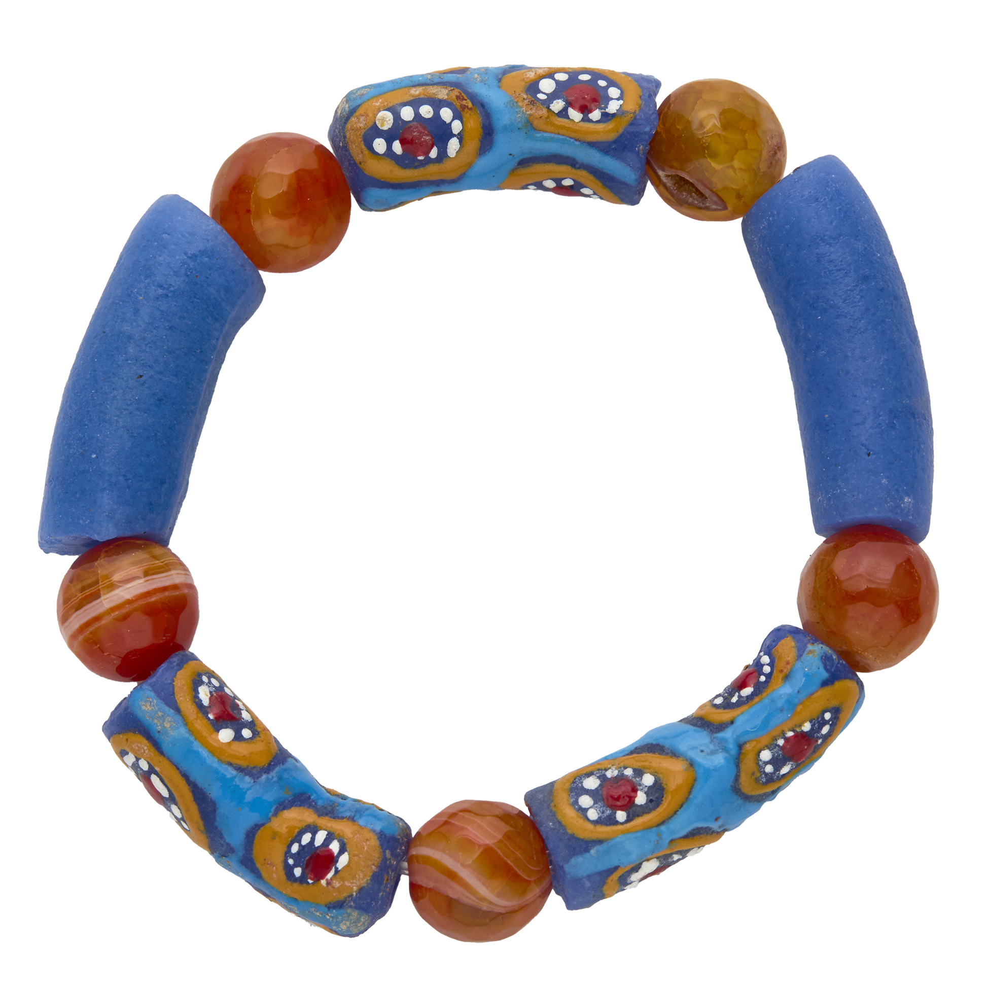 Colorful beaded bracelet with blue and orange beads on a white background