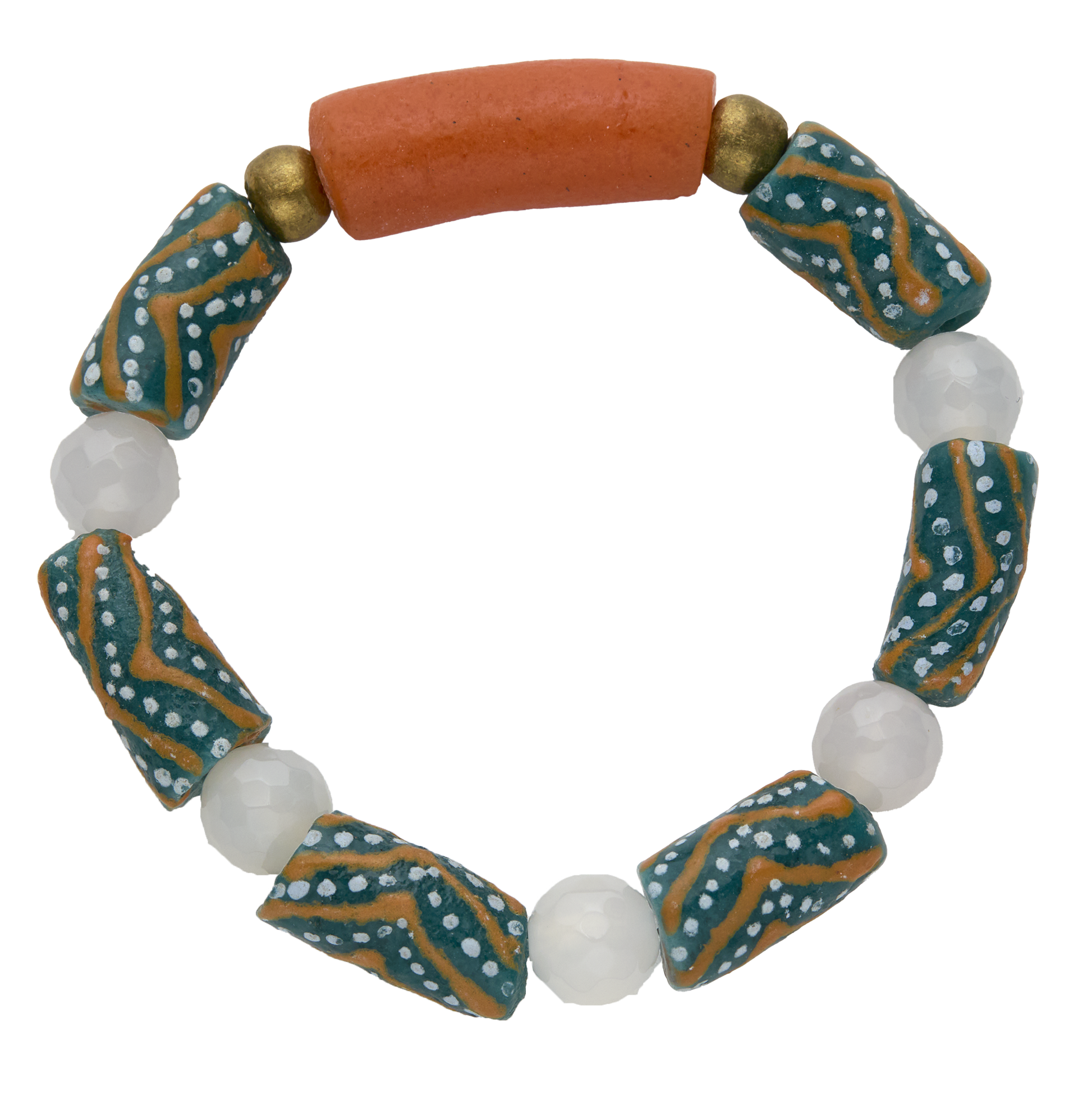 Bracelet with patterned beads and a large orange bead on a white background