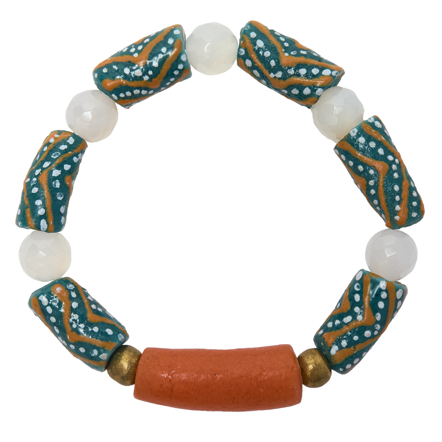 Bracelet with patterned beads on a white background