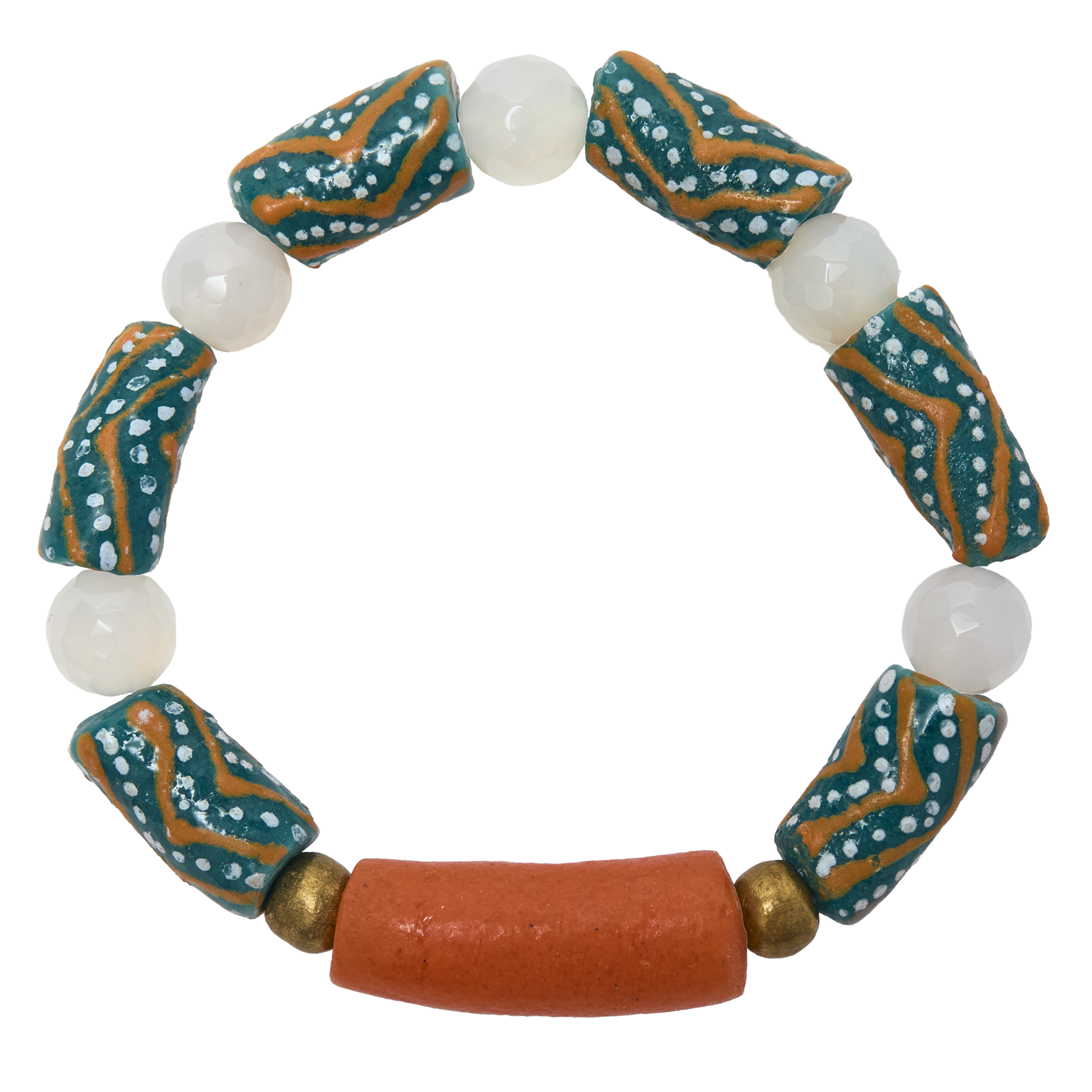 Bracelet with patterned beads on a white background