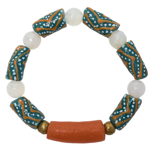 Bracelet with patterned beads on a white background