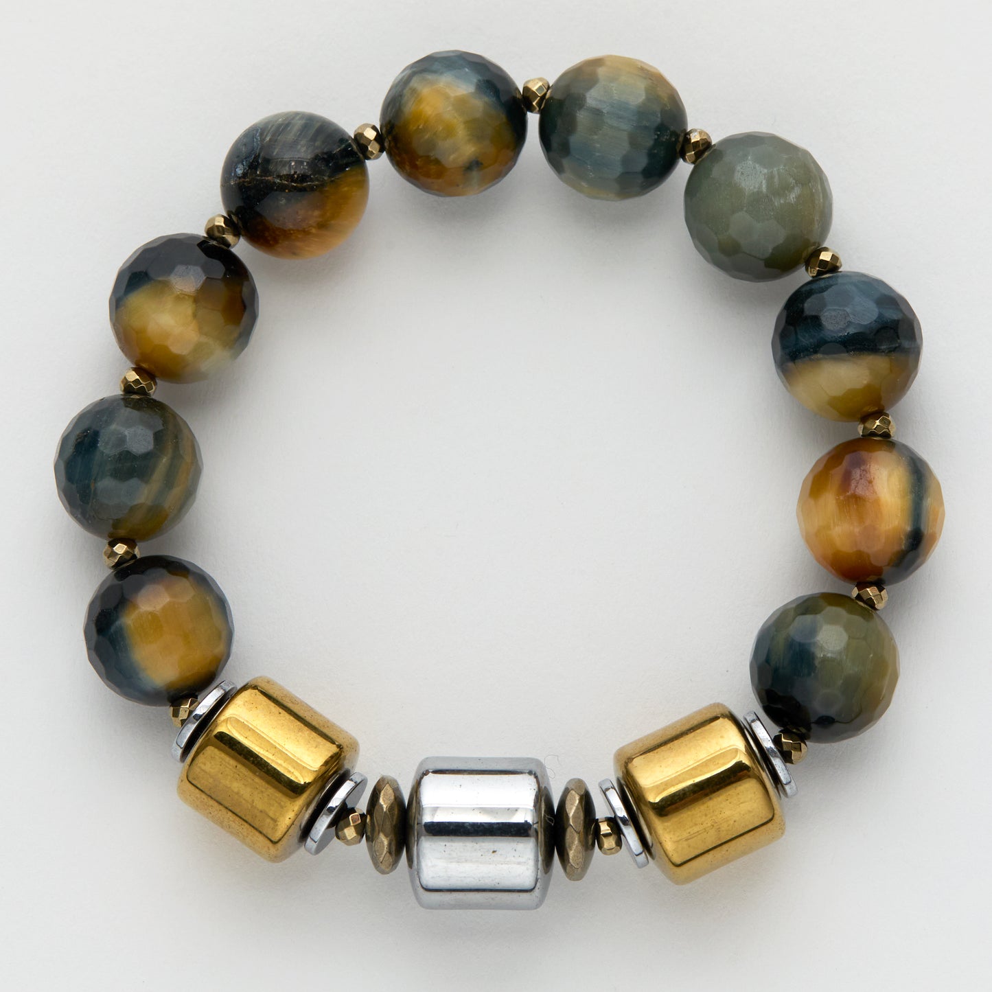 Beaded bracelet with gold, silver, and multicolored beads on a white background